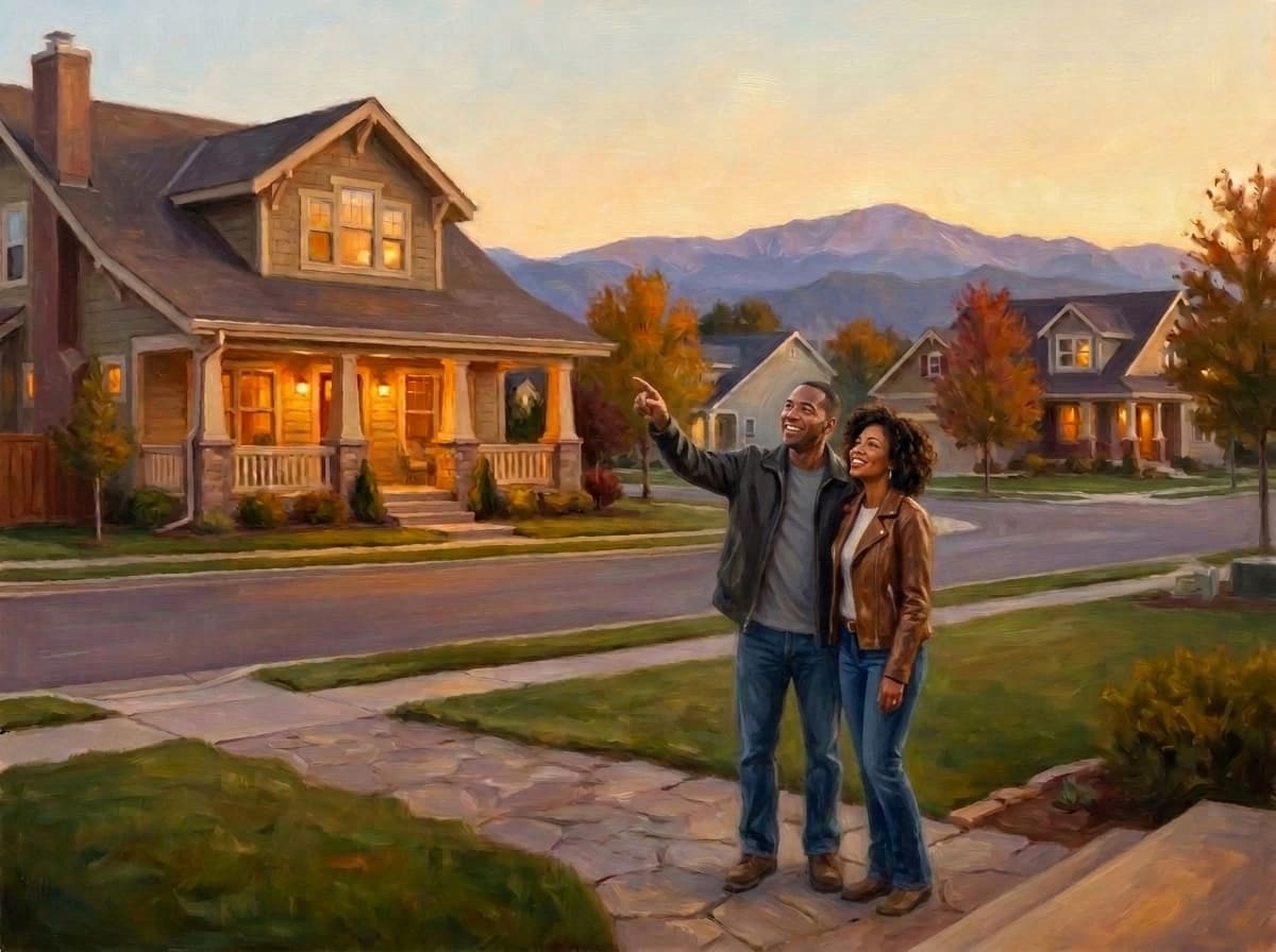 A couple smiling up at their craftsman rental at golden hour