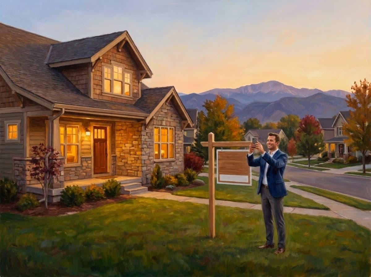 A real estate agent photographing a new listing out front